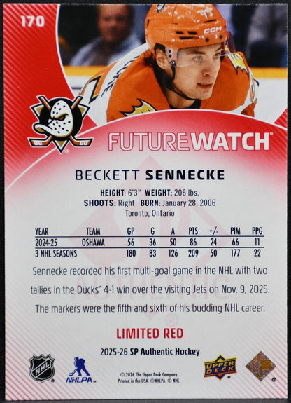 2025-26 SP Authentic Future Watch Limited Red Beckett Sennecke 170 Ducks RC 3467
