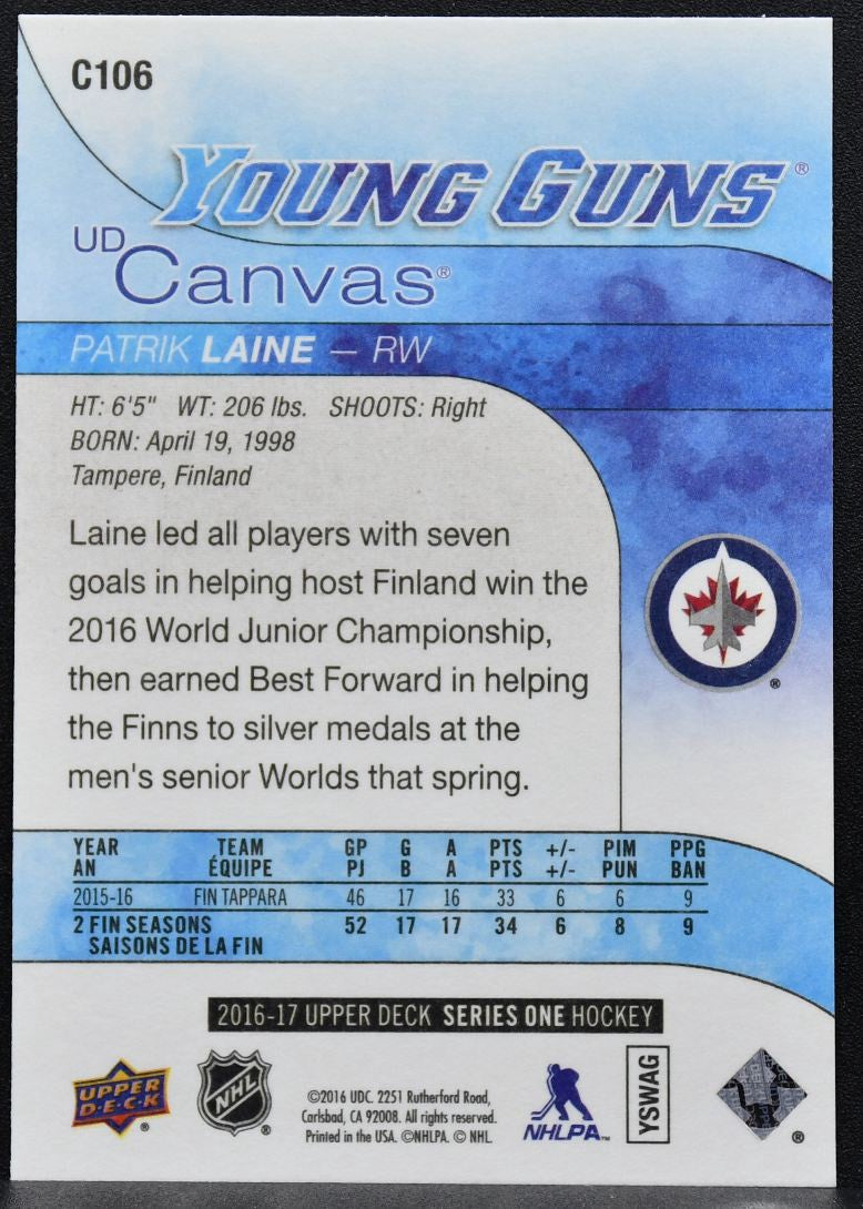 2016-17 Upper Deck Series 1 UD Canvas Young Guns Patrik Laine C106 RC 8180