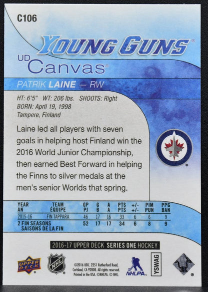 2016-17 Upper Deck Series 1 UD Canvas Young Guns Patrik Laine C106 RC 8180
