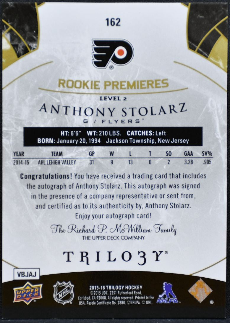 2015-16 UD Trilogy Rookie Premieres L2 Stolarz Flyers RC Auto /499 5394