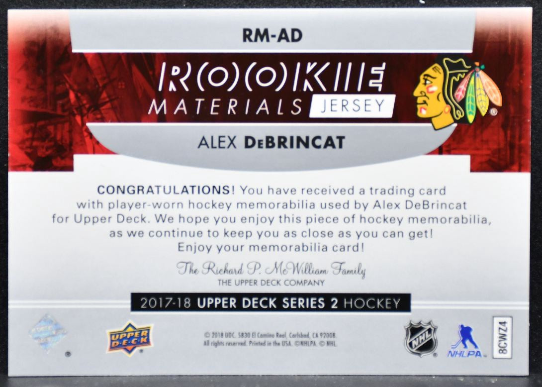 2017-18 UD Series 2 Rookie Materials Alex DeBrincat Blackhawks RC Jersey 4378