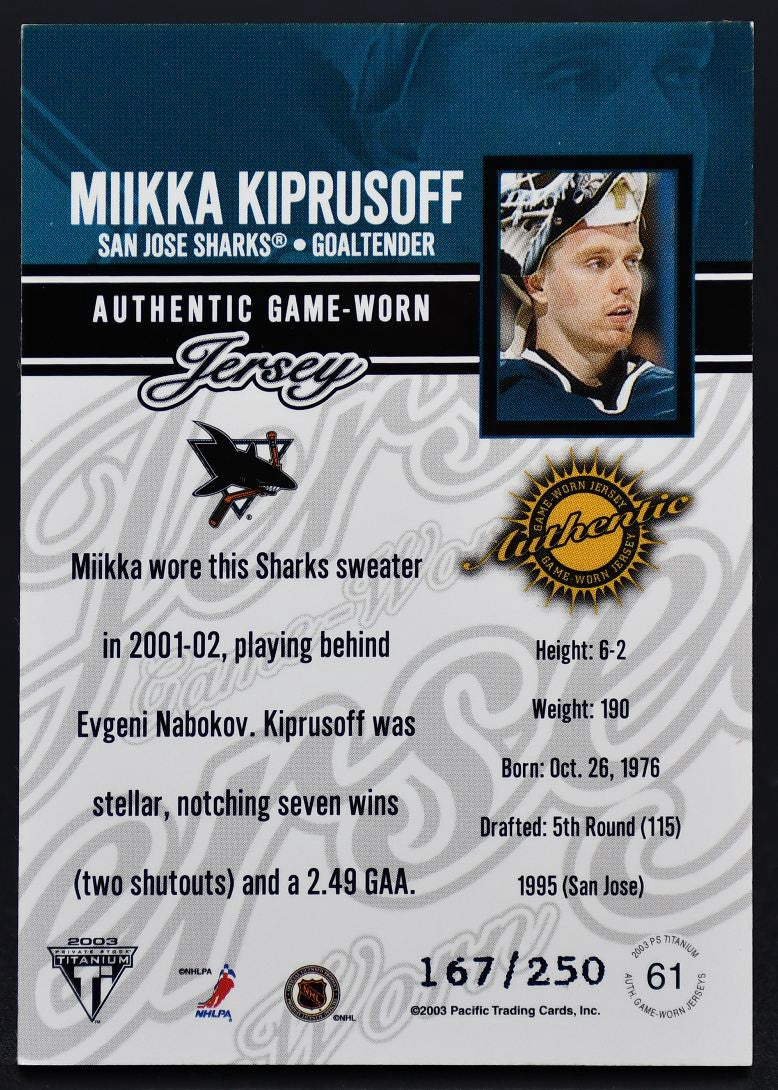 2001-02 Titanium Authentic Game-Worn Patch Kiprusoff San Jose Sharks /250 Patch
