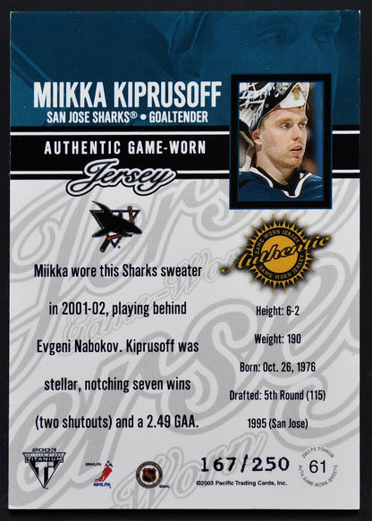 2001-02 Titanium Authentic Game-Worn Patch Kiprusoff San Jose Sharks /250 Patch