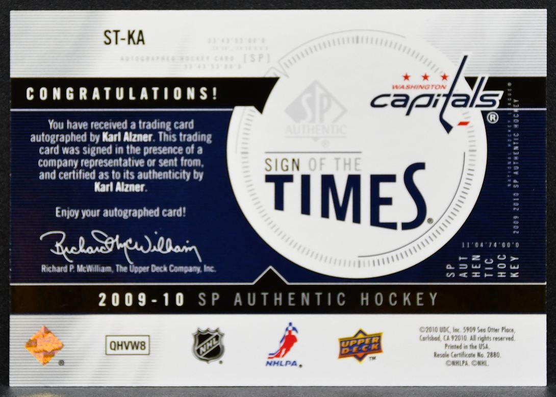 2009-10 SP Authentic Sign of the Times Karl Alzner ST-KA Capitals Auto 2489