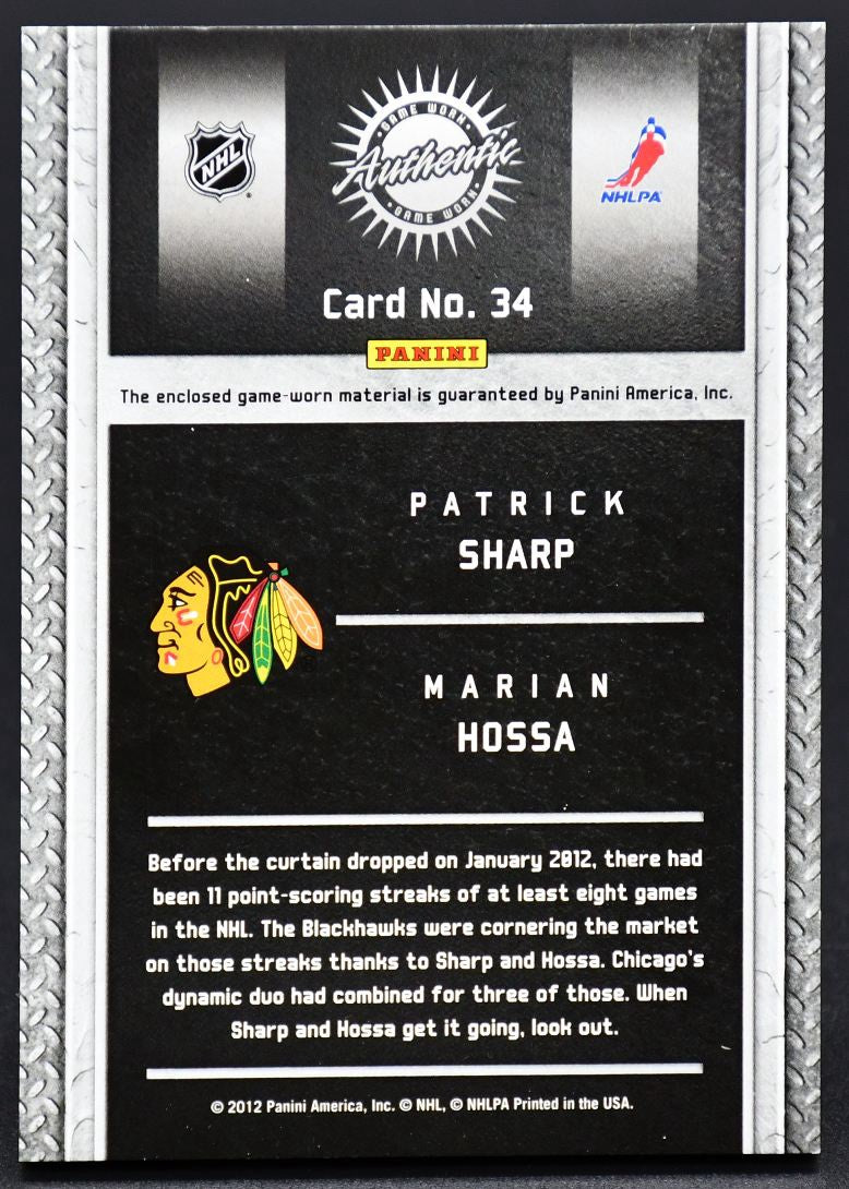 2011-12 Panini Titanium Game Worn Gear Dual Patches Sharp/Hossa 34 10/15 Patch