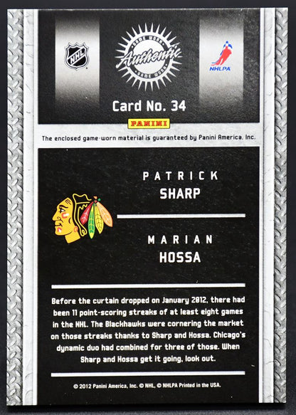 2011-12 Panini Titanium Game Worn Gear Dual Patches Sharp/Hossa 34 10/15 Patch