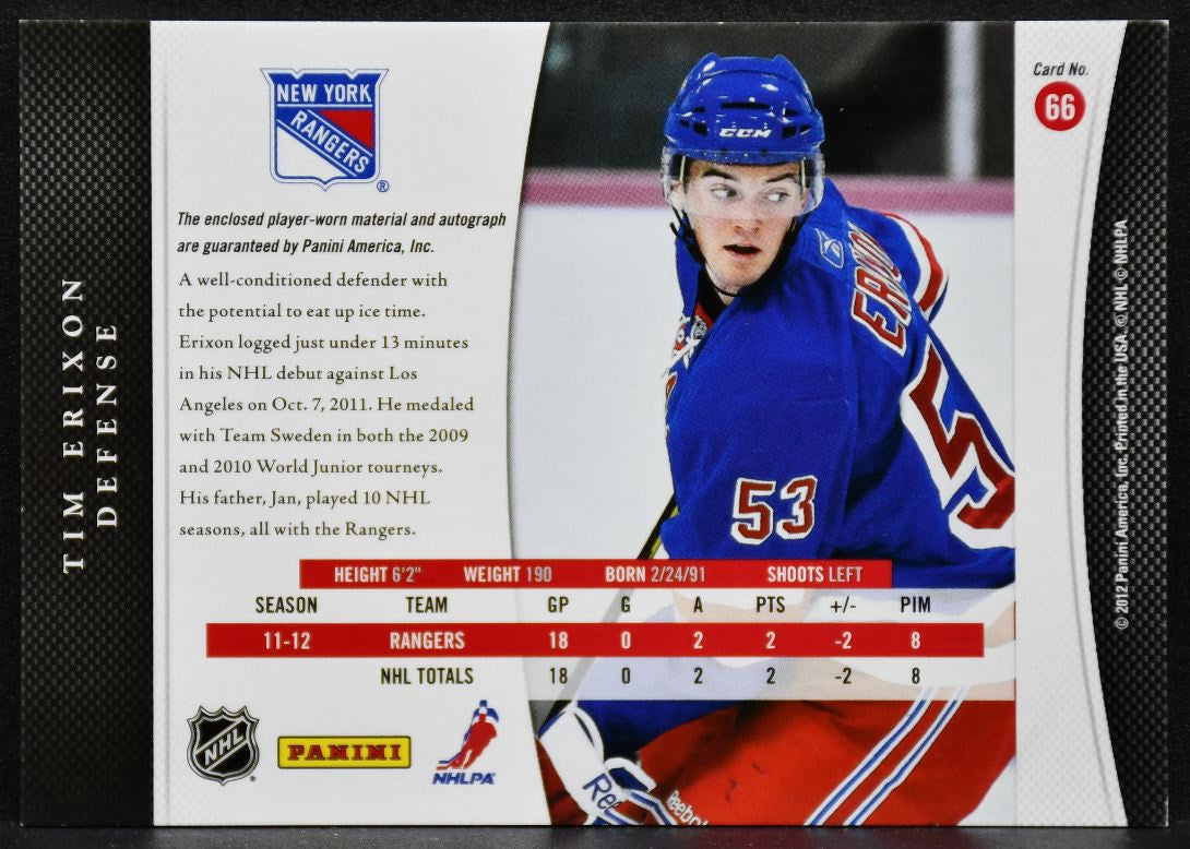 2011-12 Panini Luxury Suite Rookie Jersey Auto Tim Erixon 66 RC Auto Patch 4020