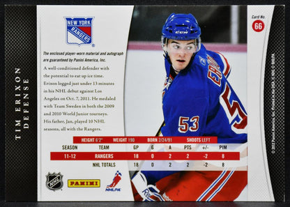 2011-12 Panini Luxury Suite Rookie Jersey Auto Tim Erixon 66 RC Auto Patch 4020