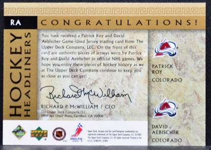 2002-03 UD Classic Portraits Hockey Headliners Roy/Aebischer Jersey 5733