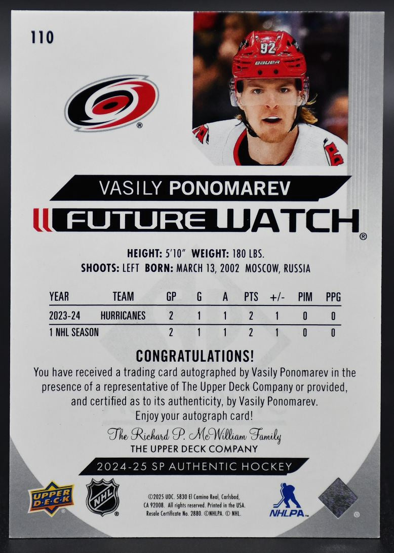 2024-25 SP Authentic Vasily Ponomarev 110 Carolina Hurricanes RC Auto 877/999