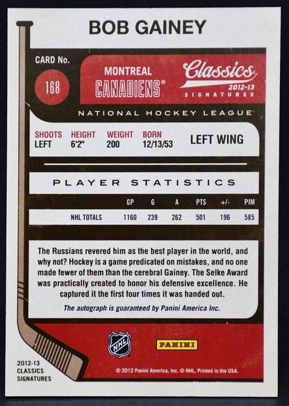 2012-13 Panini Classics Signatures Bob Gainey 168 Auto