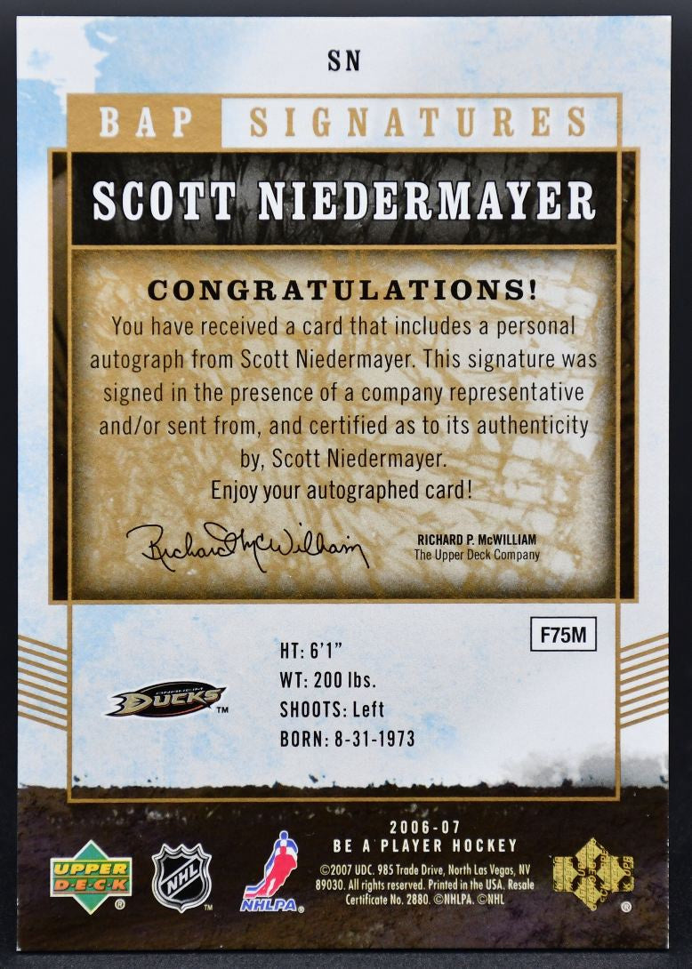 2006-07 UD Be A Player BAP Signatures Scott Niedermayer SN Auto
