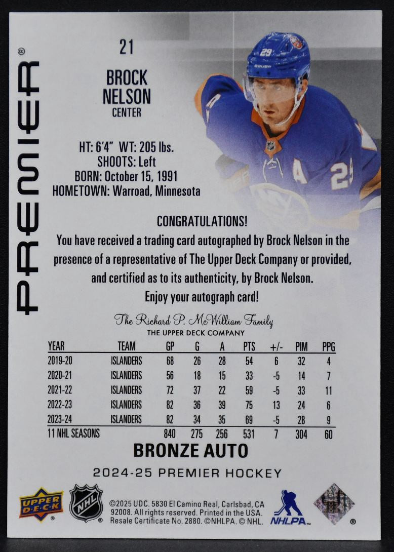 2024-25 Upper Deck Premier Auto Bronze Brock Nelson 21 New York Islanders Auto 4481