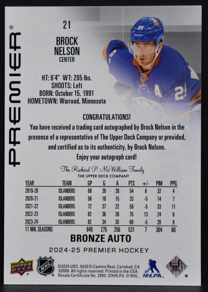 2024-25 Upper Deck Premier Auto Bronze Brock Nelson 21 New York Islanders Auto 4481