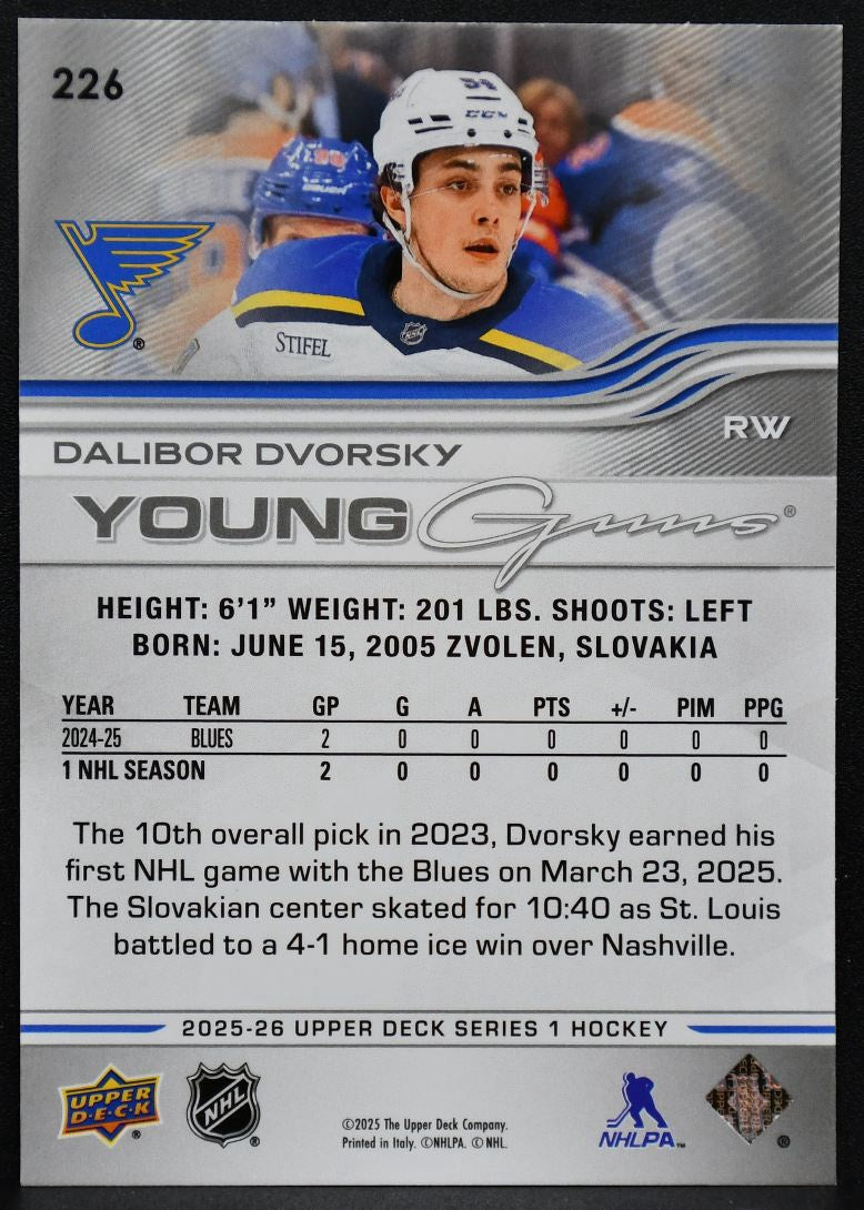 2025-26 Upper Deck Series 1 Young Guns Dalibor Dvorsky 226 St. Louis Blues RC 5494