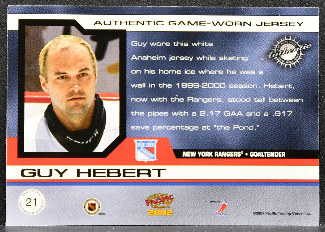 2001-02 Pacific Jerseys Guy Hebert 21 Rangers 546/760 Jersey 2495