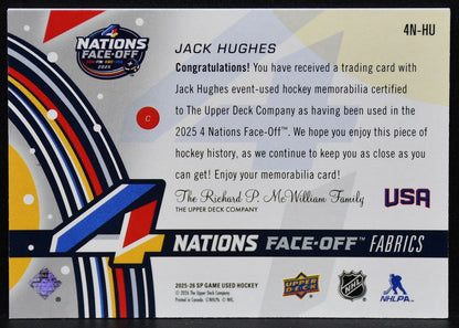 2025-26 SP Game Used 4 Nations Face Off Fabrics Hughes Team USA Jersey 3886