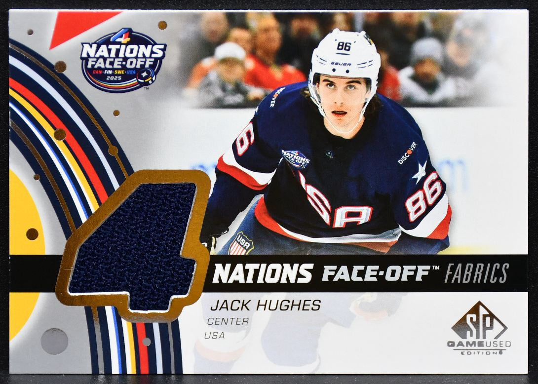 2025-26 SP Game Used 4 Nations Face Off Fabrics Hughes Team USA Jersey 3886