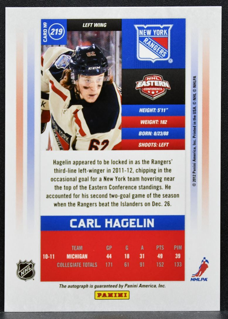 2011-12 Panini Contenders Calder Auto Carl Hagelin Rangers RC Auto 671/763 0017