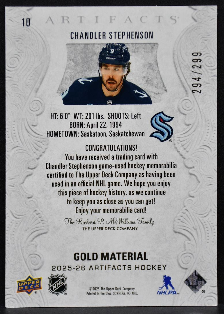 25-26 UD Artifacts Gold Material Chandler Stephenson Seattle Kraken /299 Jersey 3996