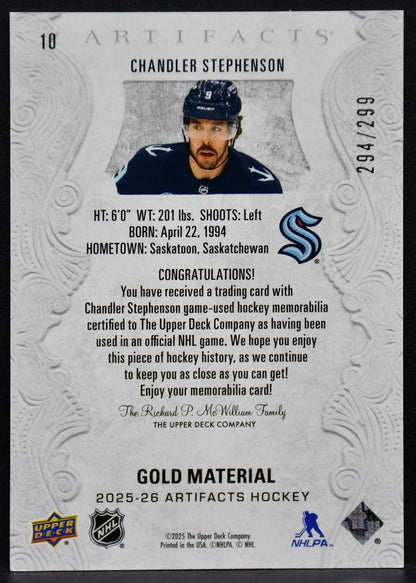 25-26 UD Artifacts Gold Material Chandler Stephenson Seattle Kraken /299 Jersey 3996