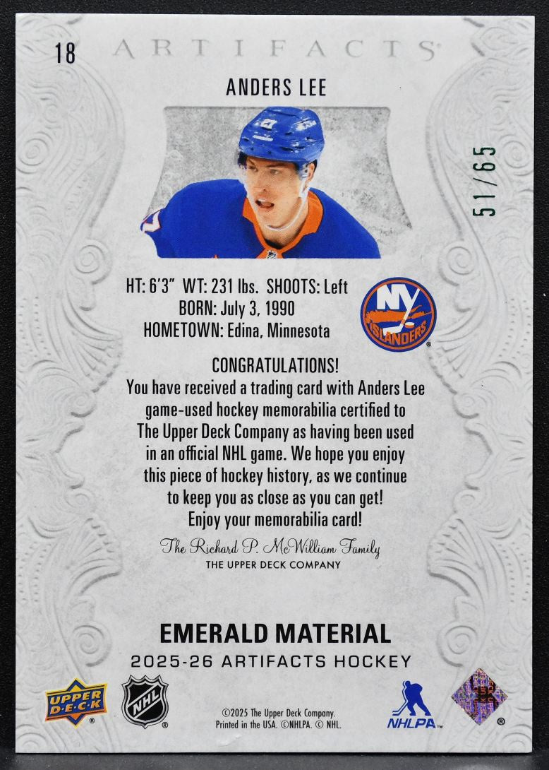 2025-26 UD Artifacts Emerald Materials Anders Lee 18 Islanders 51/65 Patch 6835