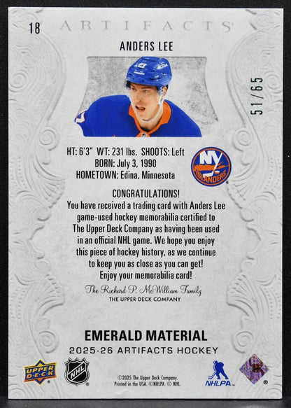 2025-26 UD Artifacts Emerald Materials Anders Lee 18 Islanders 51/65 Patch 6835