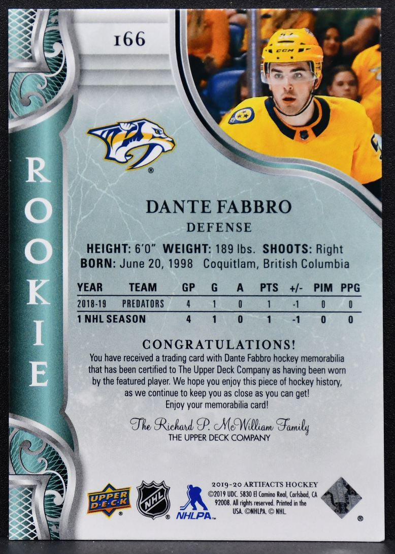 2019-20 Upper Deck Artifacts Rookie Jersey Dante Fabbro RC 095 /199 Jersey 9156