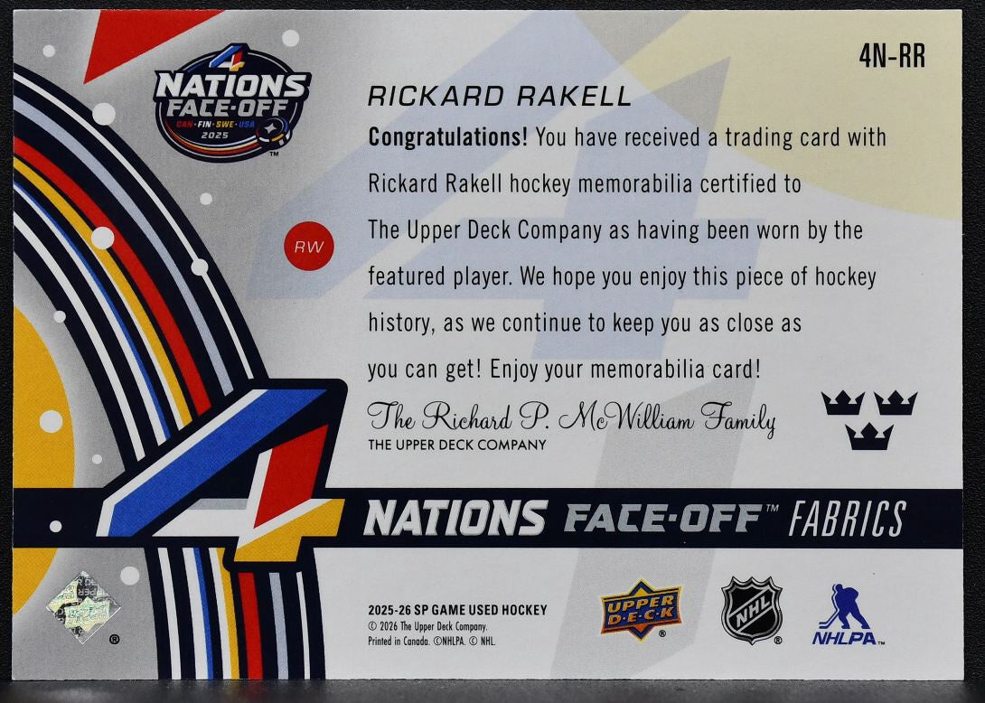 2025-26 SP Game Used 4 Nations Face Off Fabrics Rickard Rakell 4N-RR Jersey 6865