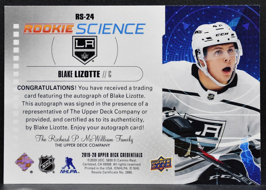 2019-20 UD Credentials Rookie Science Autograph Blake Lizotte Kings RC Auto 9374