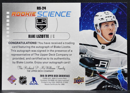2019-20 UD Credentials Rookie Science Autograph Blake Lizotte Kings RC Auto 9374