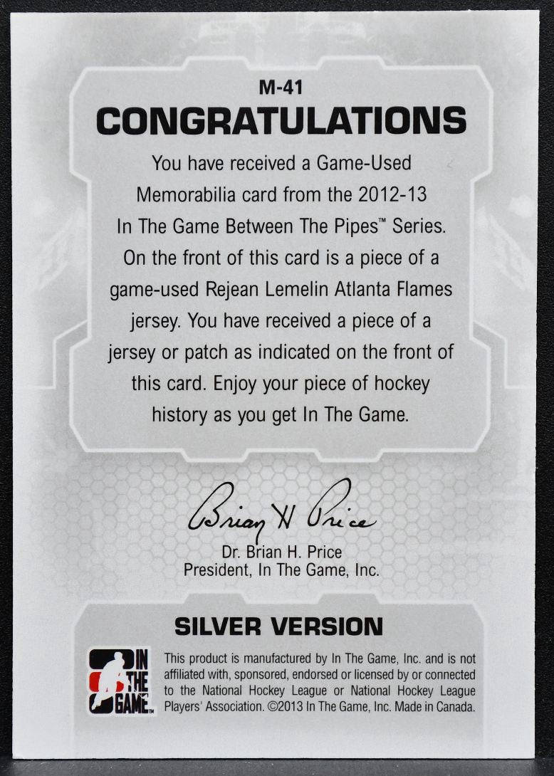 2012-13 ITG Between Pipess Silver Rejean Lemelin Atlanta Flames Patch 3674
