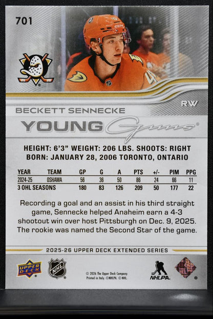 2025-26 UD Extended Series Young Guns Beckett Sennecke 701 Anaheim Ducks RC 4168