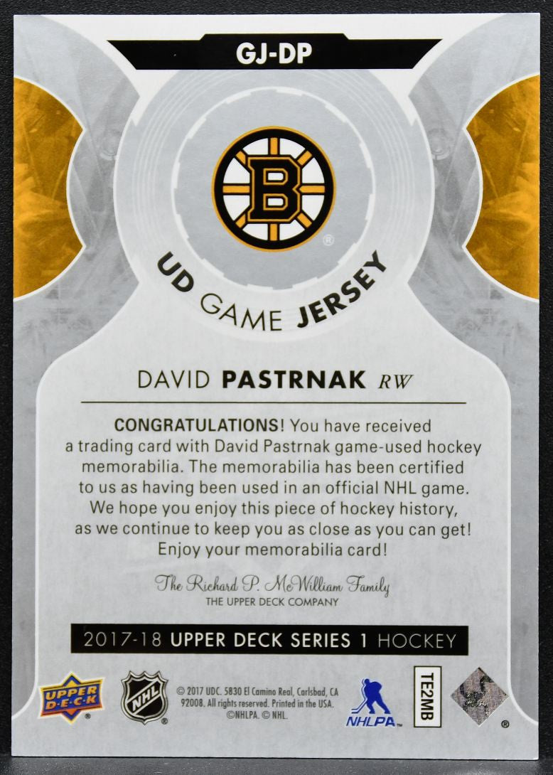 2017-18 Upper Deck Series 1 UD Game Jerseys David Pastrnak Bruins Jersey 2709