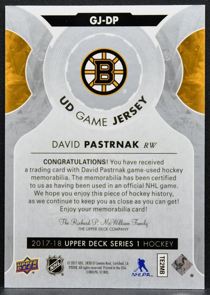 2017-18 Upper Deck Series 1 UD Game Jerseys David Pastrnak Bruins Jersey 2709