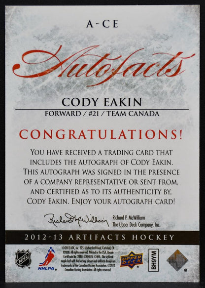 2012-13 Upper Deck Artifacts Autofacts Cody Eakin CE Team Canada Auto 9505