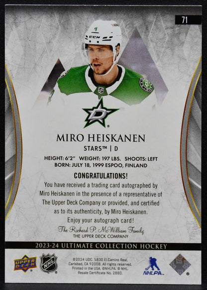 2023-24 Upper Deck Ultimate Collection Auto Miro Heiskanen 71 Stars Auto 5019
