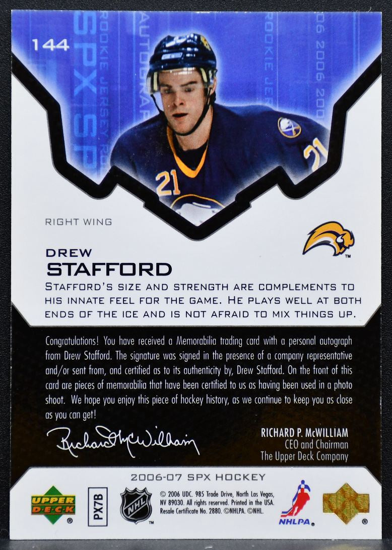 2006-07 SPx Rookie Jersey Auto Drew Stafford Buffalo Sabres RC Auto Jersey 1049