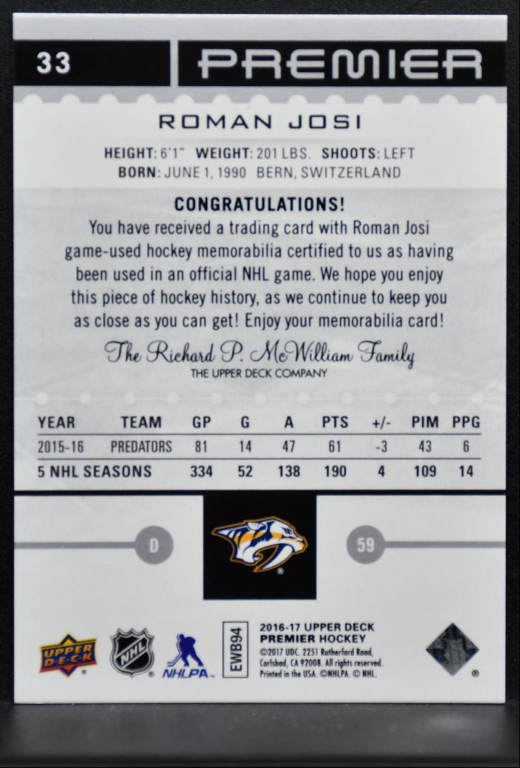 2016-17 Upper Deck Premier Base Jersey Roman Josi Predators 090/199 Jersey 1618