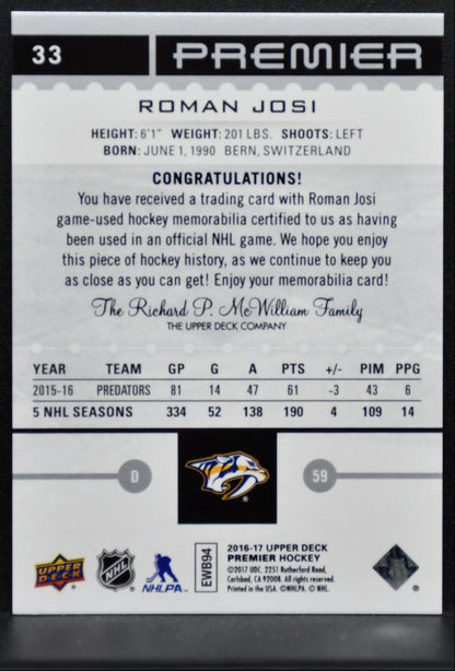 2016-17 Upper Deck Premier Base Jersey Roman Josi Predators 090/199 Jersey 1618