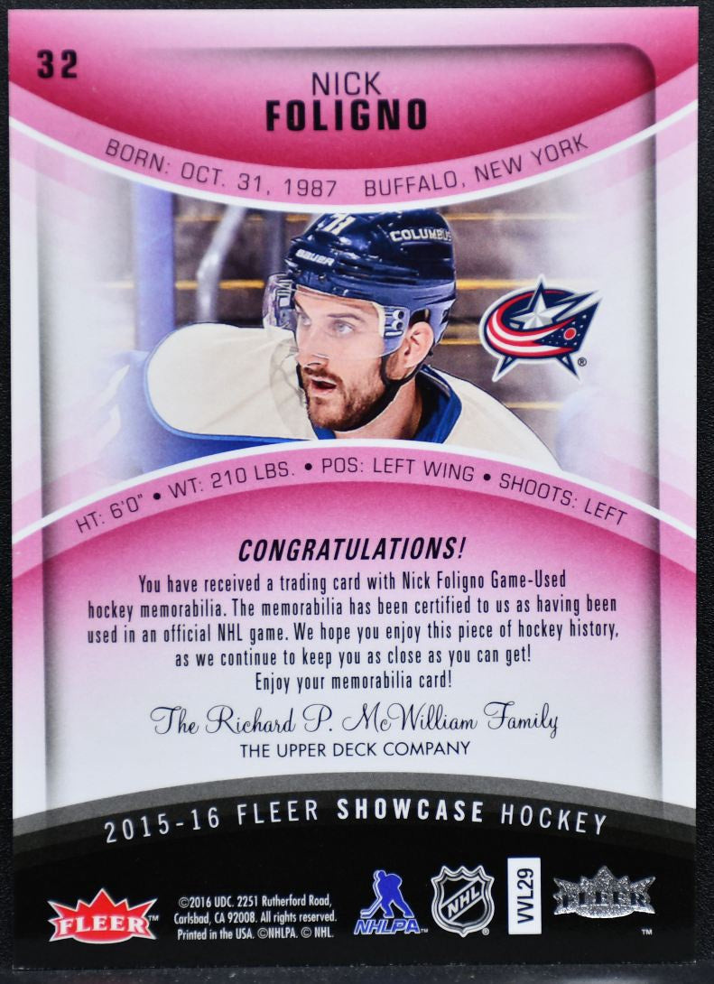 2015-16 Fleer Showcase Jersey Red Glow Nick Foligno 32 Jackets 42/99 Jersey 1228