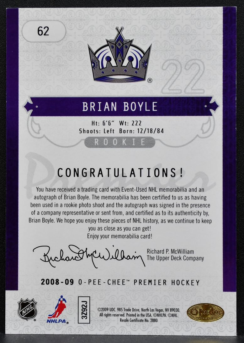 2008-09 O-Pee-Chee Premier Rookie Signature Brian Boyle Kings RC Auto 0880