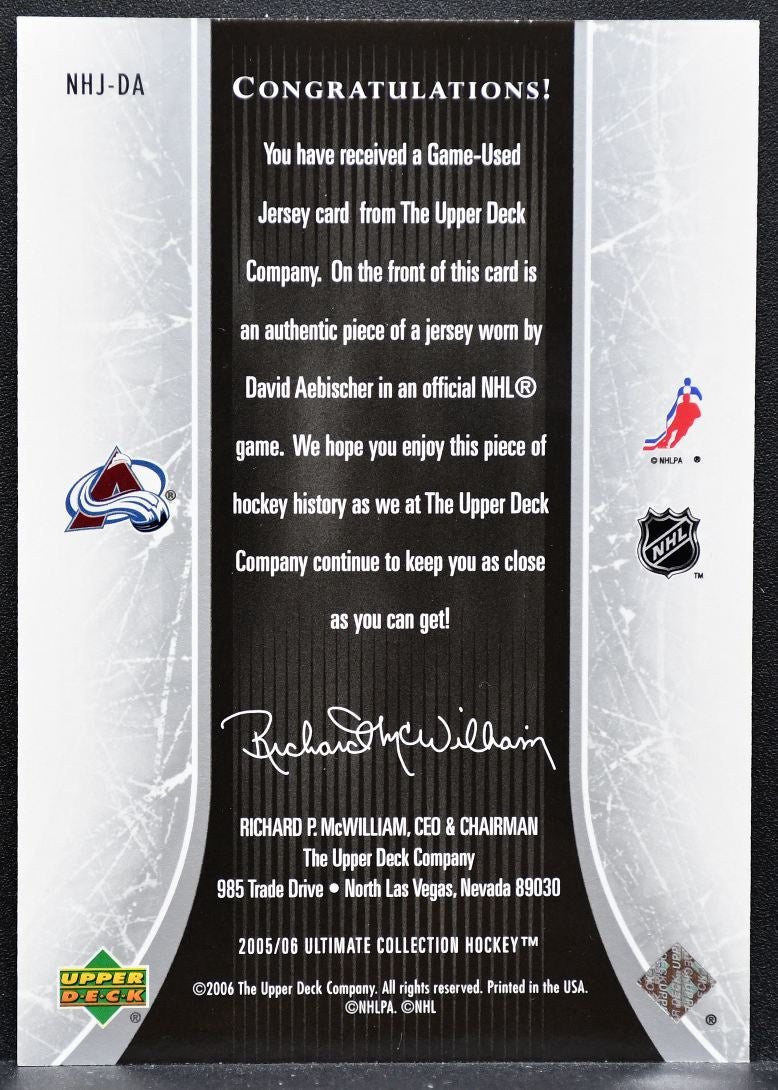 2005-06 UD Ultimate Collection National Heroes David Aebischer Jersey 9761