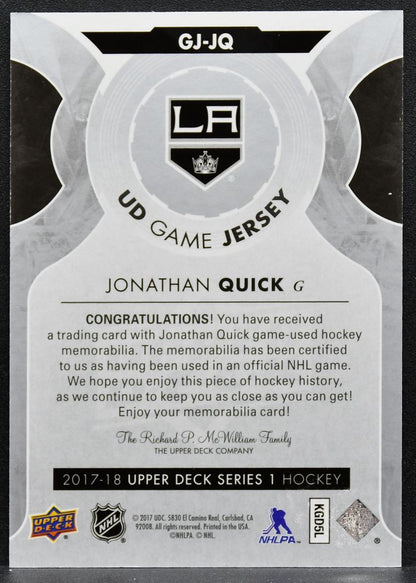 2017-18 Upper Deck Series 1 UD Game Jersey Jonathan Quick Kings Jersey 2129