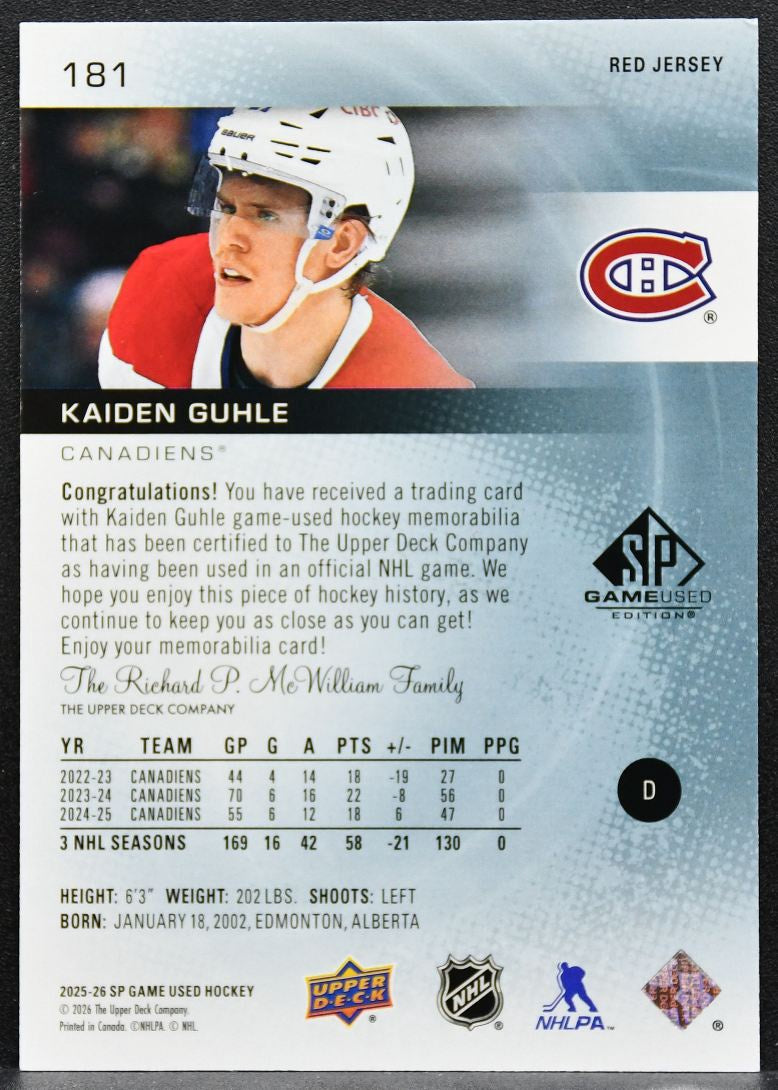 2025-26 SP Game Used Red Jersey Kaiden Guhle 181 Montreal Canadiens Jersey 3387