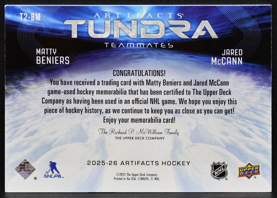 2025-26 UD Artifacts Tundra Teammates Beniers / McCann Kraken 26/99 Jersey 3091