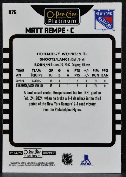 2024-25 O-Pee-Chee Platinum Rookie Retro Matt Rempe R75 New York Rangers RC 9577