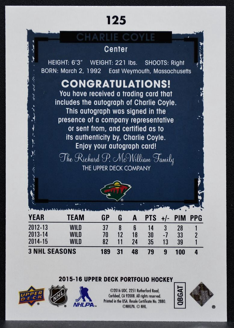 2015-16 Upper Deck Portfolio Autographs Charlie Coyle Minnesota Wild Auto 9435