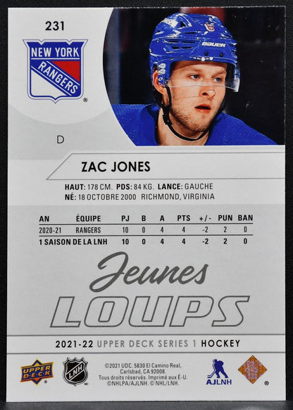 2021-22 UD Series 1 Young Guns Variante Francaise Zac Jones 231 Rangers RC 2850
