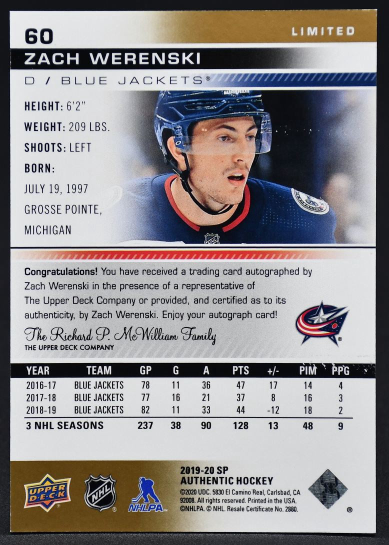 2019-20 SP Authentic Limited Auto Zach Werenski 60 Auto